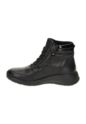 Schwarze Leder-Stiefeletten mit glatter Textur, Schnürverschluss vorne und seitlichem Reißverschluss; ausgestattet mit einer gepolsterten Sohle und runder Zehenform.