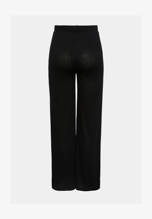 Melnas ribotas platas kājas bikses ar elastīgu jostu un teksturētu virsmu ar smalkām vertikālām līnijām.