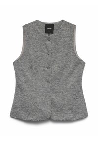 Sivý herringbone vest s kulatým výstřihem, pěti předními knoflíky a bez rukávů. Má hladkou podšívku a přizpůsobený střih.