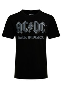 Black cotton T-shirt featuring "AC/DC" logo in white with a lightning bolt, and "BACK IN BLACK" text in a bold font. Short sleeves.