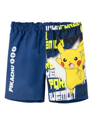 Blauwe zwembroek met een grote Pikachu-afbeelding, een trekkoord in de taille en levendige gele en zwarte tekst en patronen.