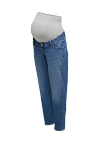 Blå graviditetjeans med en justerbar grå stoffe waistband laget for å imøtekomme en gravid mage.
