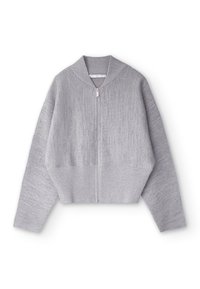 Grå beskåret sweatshirt med struktureret krave, frontlynlås og ribbet kant, fremstillet af et blødt, tekstureret stof.