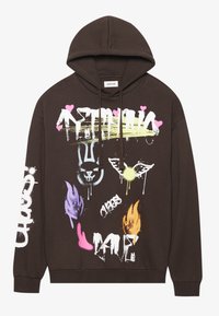Hnědá mikina s kapucí a šňůrkami, zdobená barevnými graffiti ve stylu bílá, růžová, žlutá, zelená, modrá a oranžová.