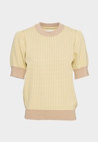 Jasnożółty sweter dzianinowy z fakturowanym wzorem, krótkimi bufiastymi rękawami oraz ściągaczem przy dekolcie i hemie w odcieniu beżu.