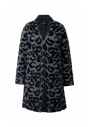 Leopardmuster Mantel in dunkelgrauen und schwarzen Farben, mit weichem Stoff, langen Ärmeln und einem Schalkragen, mit offenem Vorderteil.