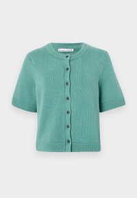 Short-sleeve cardigan in teal, made of textured knit fabric. Features a round neckline, button closure, and ribbed hem and sleeves.