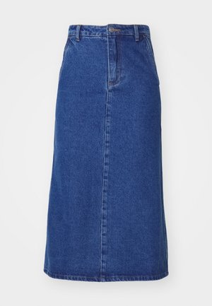 Jupe en denim bleu foncé, dotée d'une taille ajustée, d'une silhouette droite et de coutures avant, avec un ourlet qui tombe sous le genou.