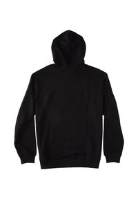 Svart hoodie med en mjuk textur, långa ärmar och en huva med dragsko. Har ribbade mudd och nederkant, och en enkel design på baksidan.