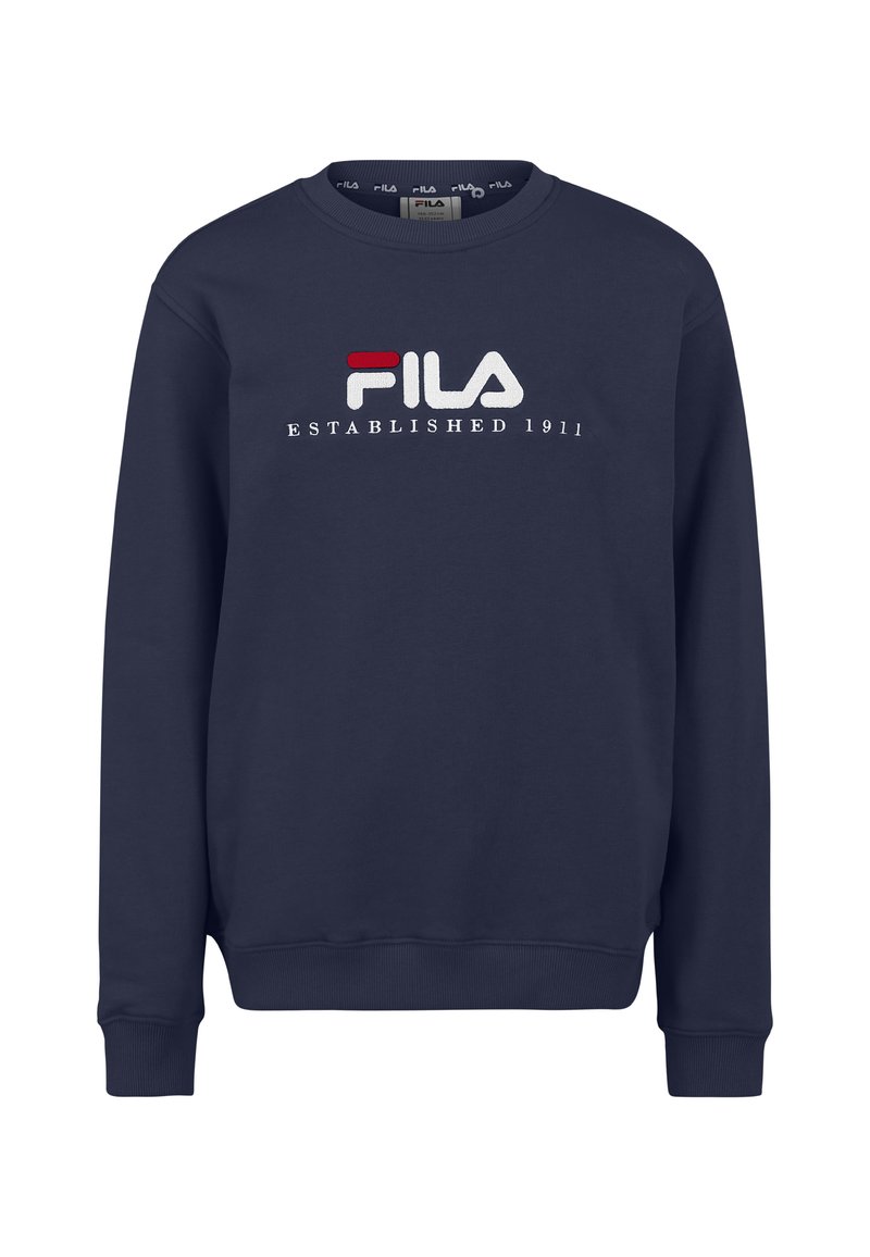 Maglione blu navy realizzato in un mix di cotone, con scollo a girocollo, polsini a costine e il logo FILA in rosso e bianco con "FONDATO NEL 1911" sotto.