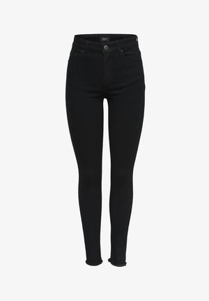 Jeans skinny de mezclilla negra con una cintura alta, cinco bolsillos y dobladillo sin terminar. La tela tiene un ligero estiramiento para un ajuste ceñido.