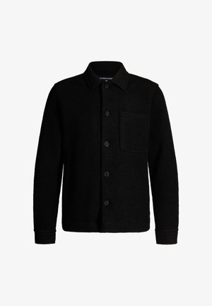 Black wool shirt jacket featuring a collar, front buttons, and single chest pocket. Soft texture with a simple design.