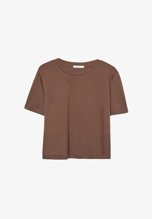 Brun kortærmet t-shirt lavet af blødt stof, med rund halsudskæring og afslappet pasform. Ingen synlige mønstre eller detaljer.