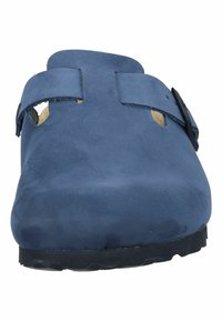 Navy blue suede clog with two adjustable straps, rounded toe, and textured black sole. Features a small cut on the side for ventilation.