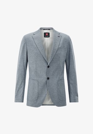 Light grey blazer made of textured fabric with peak lapels, two front pockets, and single-button closure. Soft interior lining.