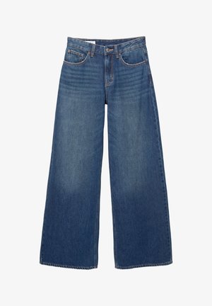 Jeans in denim a gamba larga in un lavaggio blu medio, con vita alta, leggeri sbiadimenti, design a cinque tasche e chiusura con bottone metallico.