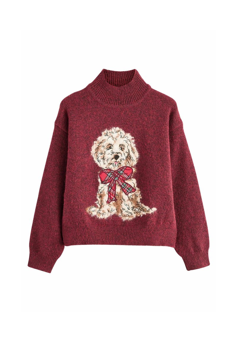 Roter Strickpullover mit hohem Kragen, ausgestattet mit einem bestickten Hund, der eine karierte Schleife trägt. Weiche Textur, lockere Passform und lange Ärmel.