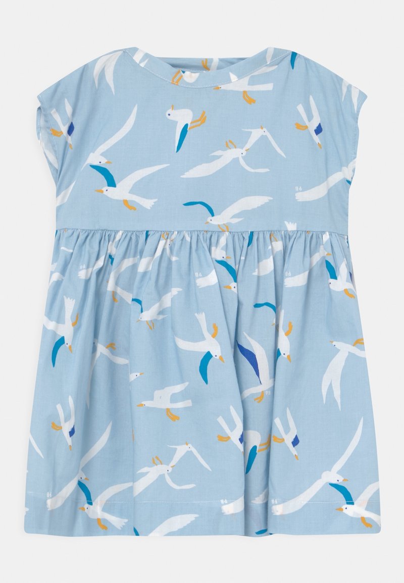 Robe bleu clair pour tout-petit à manches courtes présentant un motif de mouettes blanches avec des becs orange et des accents bleus sur les ailes.