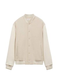 Beige und cremefarbene Collegejacke mit Druckknöpfen, geripptem Kragen, Bündchen und Saum, ausgestattet mit zwei Vordertaschen.