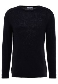 Dunkelblaues Sweatshirt aus strukturiertem Wolle, mit langen Ärmeln und Rundhalsausschnitt. Auffälliges lockeres Strickdesign. Schlichte, einfarbige Optik.