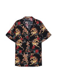 Czarna koszula z krótkim rękawem z wzorem w kwiaty i tygrysy w kolorze pomarańczowym i czerwonym. Wykonana z lekkiego materiału z luźnym krojem.