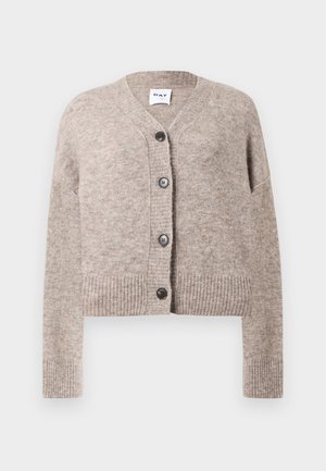 Beige knitted cardigan with a v-neck, ribbed hem, and long sleeves. Features five black buttons along the front. Soft, textured fabric.