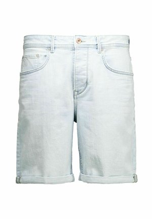 Hellblaue Jeansshorts mit Fronttaschen, Gürtelschlaufen, aufgerollten Säumen und einem Knopfverschluss an der Taille.