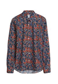 Langarmshirt in marineblauw met een rood bloemenpatroon, voorzien van een button-down kraag en een rechte zoom; gemaakt van lichtgewicht stof.
