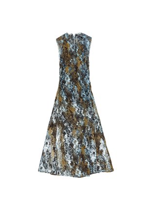 Patroonloze mouwloze jurk met een mix van blauwe, bruine en zwarte tinten, met een uitlopende snit en textuurstof. Achterzijde met ritssluiting.