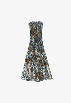 Robe sans manches à motifs présentant un mélange de teintes bleues, brunes et noires, avec une silhouette évasée et un tissu texturé. Fermeture à glissière au dos.