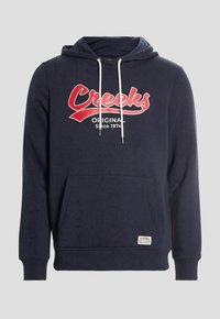 Felpa blu navy in cotone con tasca a marsupio frontale, cappuccio con coulisse e grafica rossa "Creeks Original Since 1974".