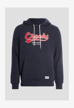 Marineblauwe hoodie van katoen met een voorzak (kangaroo pocket), een hoodie met trekkoord en een rode opdruk "Creeks Original Since 1974".