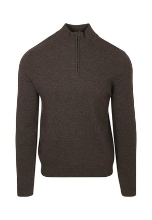 Brown knit sweater with a high collar and half zipper. Features long sleeves and a fitted silhouette. Soft texture with minimal detailing.