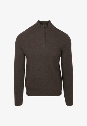 Bruine gebreide trui met een hoge kraag en halve rits. Heeft lange mouwen en een getailleerd silhouet. Zachte textuur met minimale details.