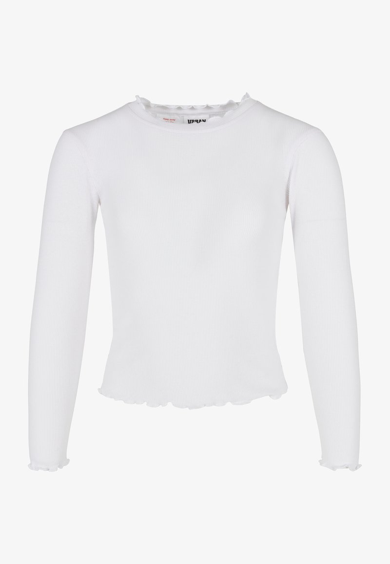 Balts garās piedurknes tops, izgatavots no ribota auduma, ar apaļu izgriezumu, kas rotāts ar volānu apdari, un viļņotu apakšmalu.