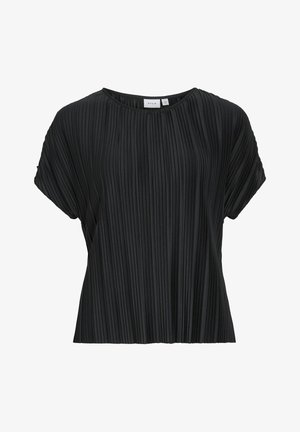 Black short-sleeve top with vertical pleats, round neckline, and relaxed fit, made from lightweight fabric with a smooth texture.
