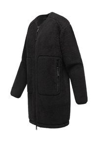 Abrigo largo negro de forro polar con cremallera frontal y dos grandes bolsillos con cremallera, diseñado para abrigar y para un uso informal.