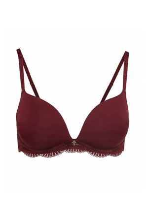 Bordeaux beha met gevoerde cups, kant langs de onderrand, verstelbare bandjes en een gouden accent in het midden. Soepele textuur.