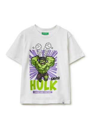 Weißes Kinder-T-Shirt mit einer Grafik von Hulk, der Dampf aus dem Kopf pustet, und dem Text "SMASH HULK I MIGHT LOSE CONTROL!"