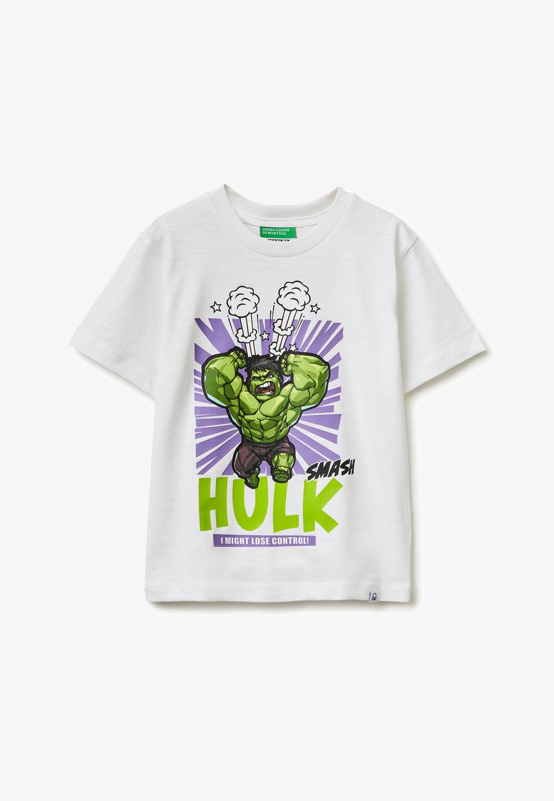 Wit kinder-T-shirt met een afbeelding van de Hulk met stoom die uit zijn hoofd komt en de tekst "SMASH HULK IK KAN DE CONTROLE VERLIEZEN!"