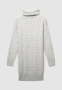 Maglione grigio chiaro a maglia cable con colletto alto, caratterizzato da un motivo testurizzato e polsini e orlo a coste. Tessuto in maglia morbido.