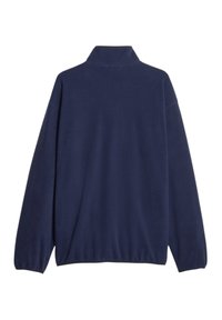 Pullover in pile blu navy con colletto alto, maniche lunghe e orlo elastico. Texture liscia senza motivi o dettagli visibili.