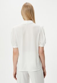 Blusa bianca e trasparente con maniche a sbuffo corte, colletto e bottoni decorativi sui polsini. Tessuto liscio, abbinato a un materiale leggero.