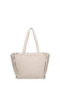 Sac à main matelassé beige avec un motif floral, deux poignées, détails zippés et côtés texturés. Il présente des ferrures dorées et une forme structurée.