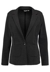 Svart kavaj i texturerat tyg med vita prickar, med en nyckelkrage, enkel knäppning fram och två framfickor.