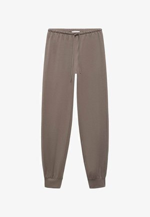 Lagane jogger hlače u taupe boji s elastičnim pojasom, prilagodljivom vezicom i suženim manžetama. Glatka tekstura, bez vidljivih uzoraka.