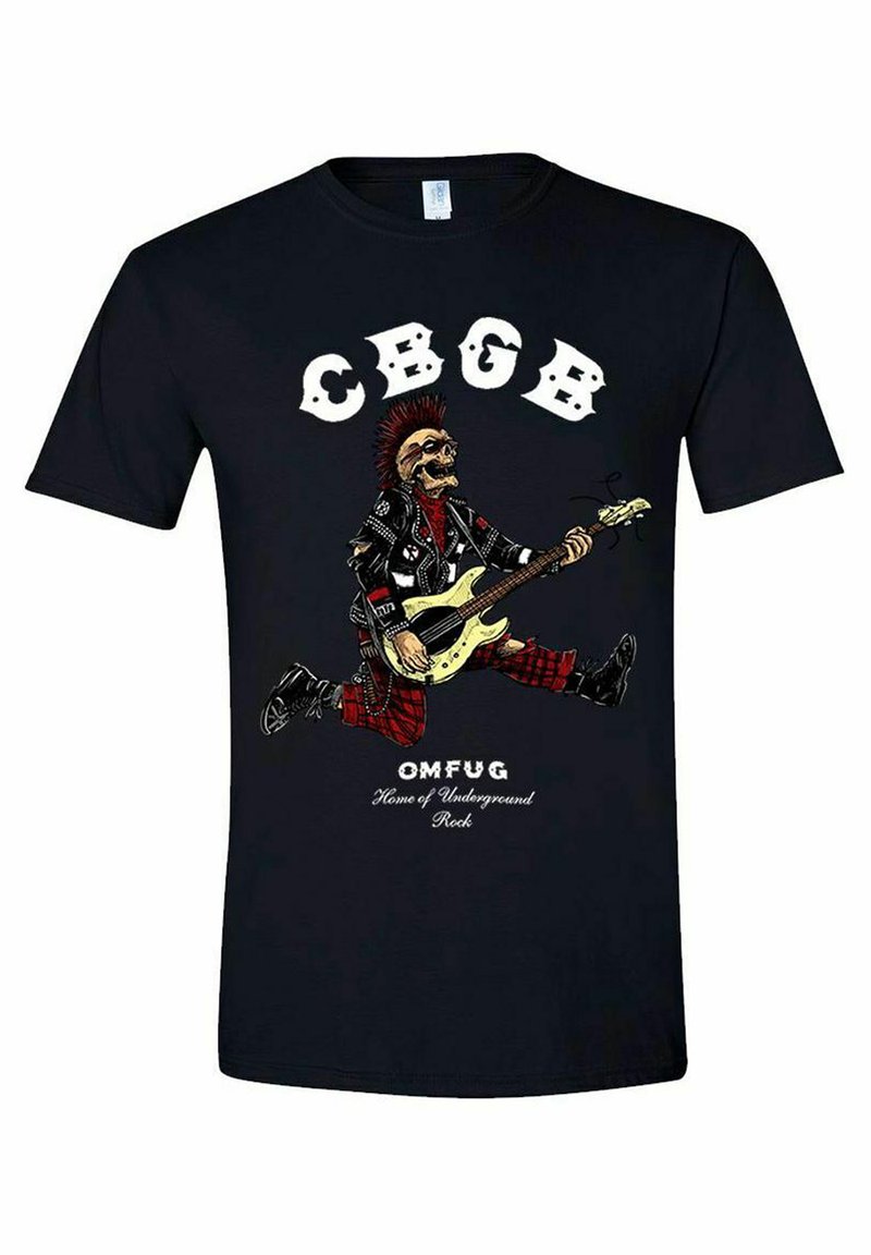 Camiseta de algodón negra con un gráfico de un esqueleto vestido de punk, tocando una guitarra. El texto dice "CBGB OM FUG, Hogar del Rock Subterráneo."