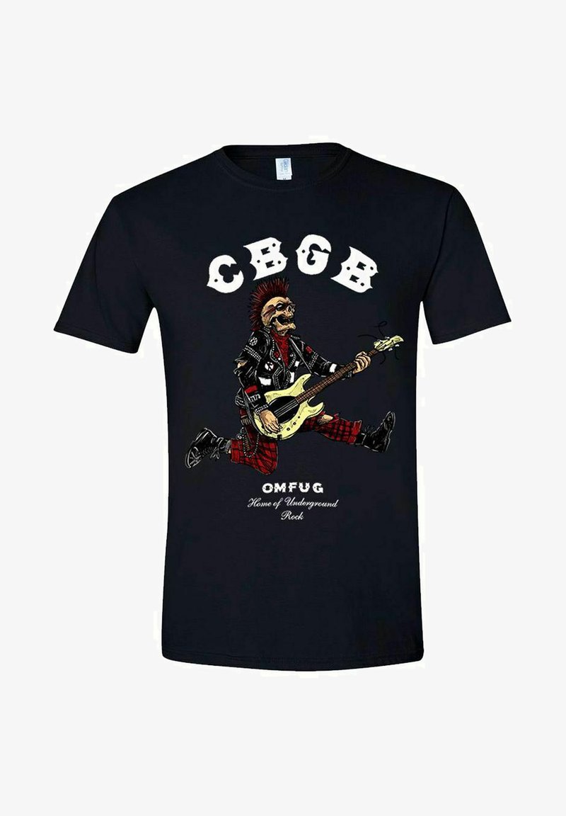 Camiseta de algodón negra con un gráfico de un esqueleto vestido de punk, tocando una guitarra. El texto dice "CBGB OM FUG, Hogar del Rock Subterráneo."