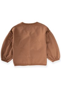 Smeđi pulover s dugim, napuhanim rukavima. Izrađen od mekanog materijala s okruglim izrezom i jednostavnim rubom. Glatka tekstura s minimalnim detaljima.