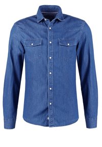 Farkkutakki pitkillä hihoilla, joissa on kaksi rintataskua, vaaleansininen väri, nappikiinnitys ja valkoiset napit. Sisältää lännen tyylistä yoke-muotoilua.